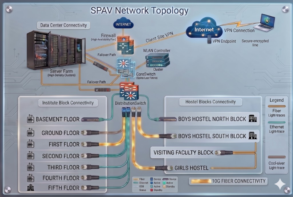 SPAV Network Topology diagram showing Internet, firewall, core switches, server farm, WLAN controller, VPN endpoint, distribution switches, institute block floors, and hostel blocks connected via 10G fiber