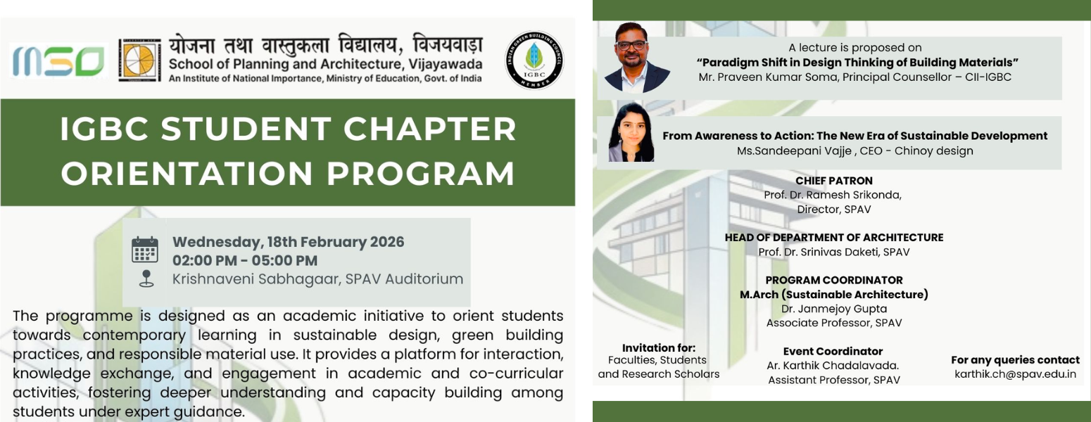 IGBC Student Chapter Orientation Program at SPA Vijayawada on 18 February 2026 at Krishnaveni Sabhagaar, SPAV Auditorium.